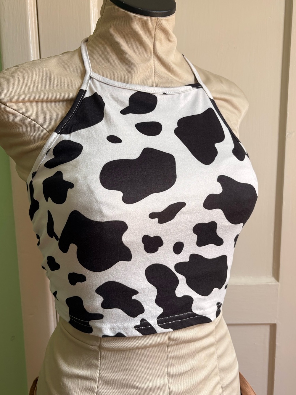 Black and White Cow Print Halter Crop Top